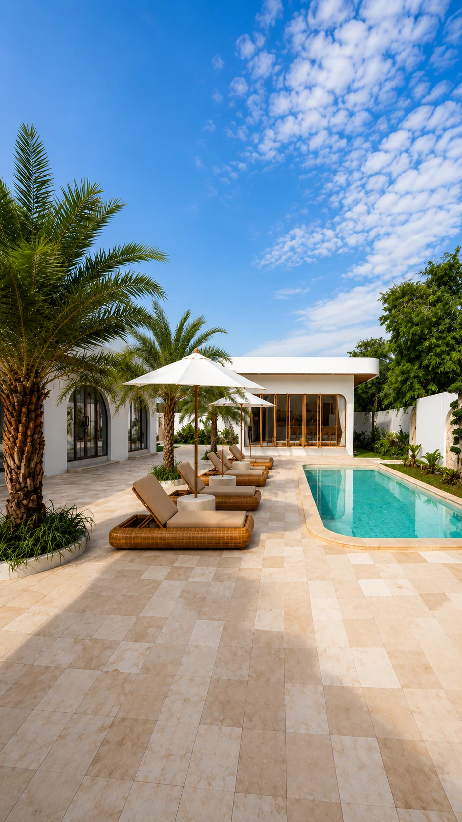 Bali villa with a turquoise pool, palms and an open lounge