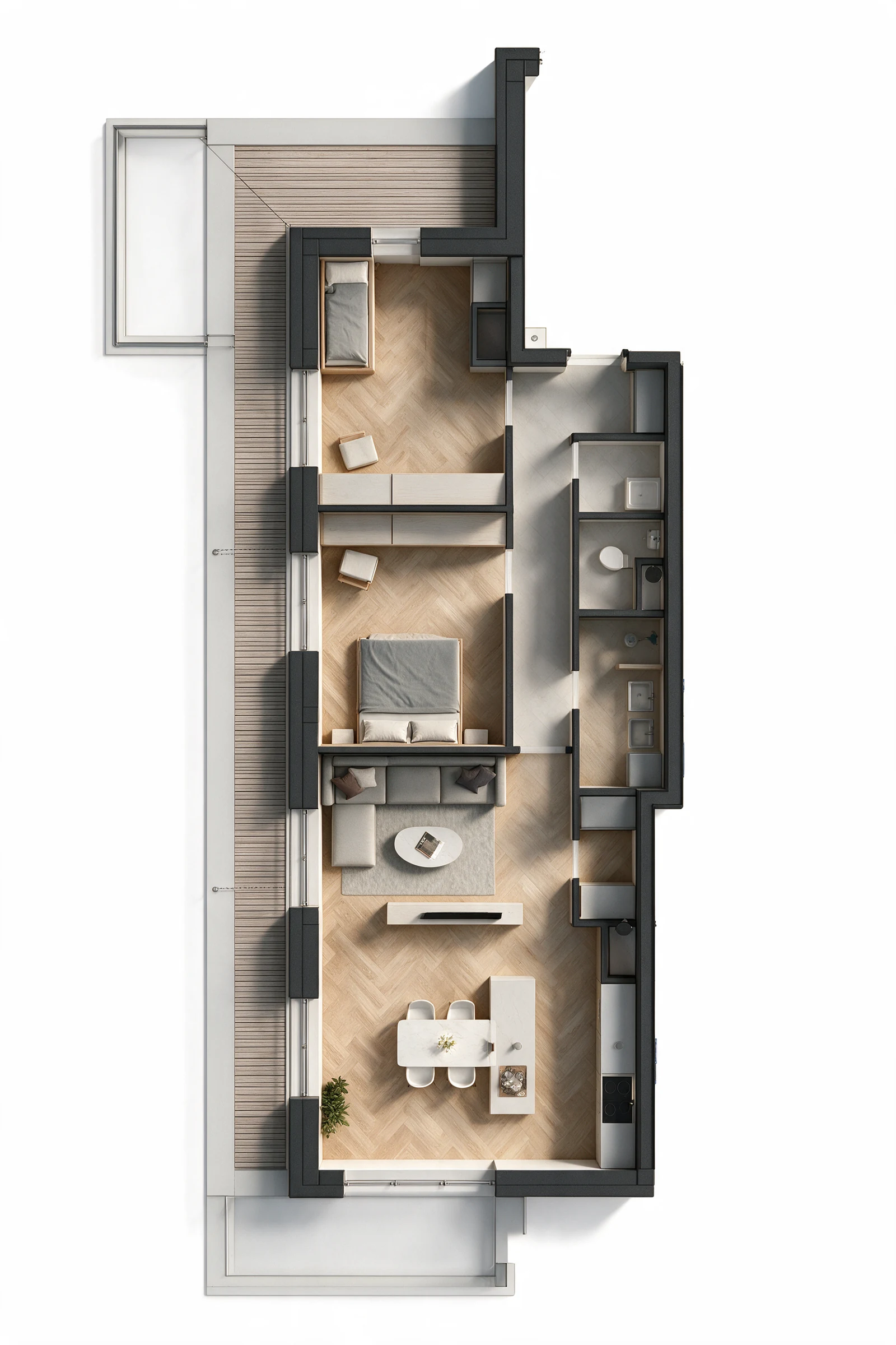 Furnished top-down visualisation of an apartment layout